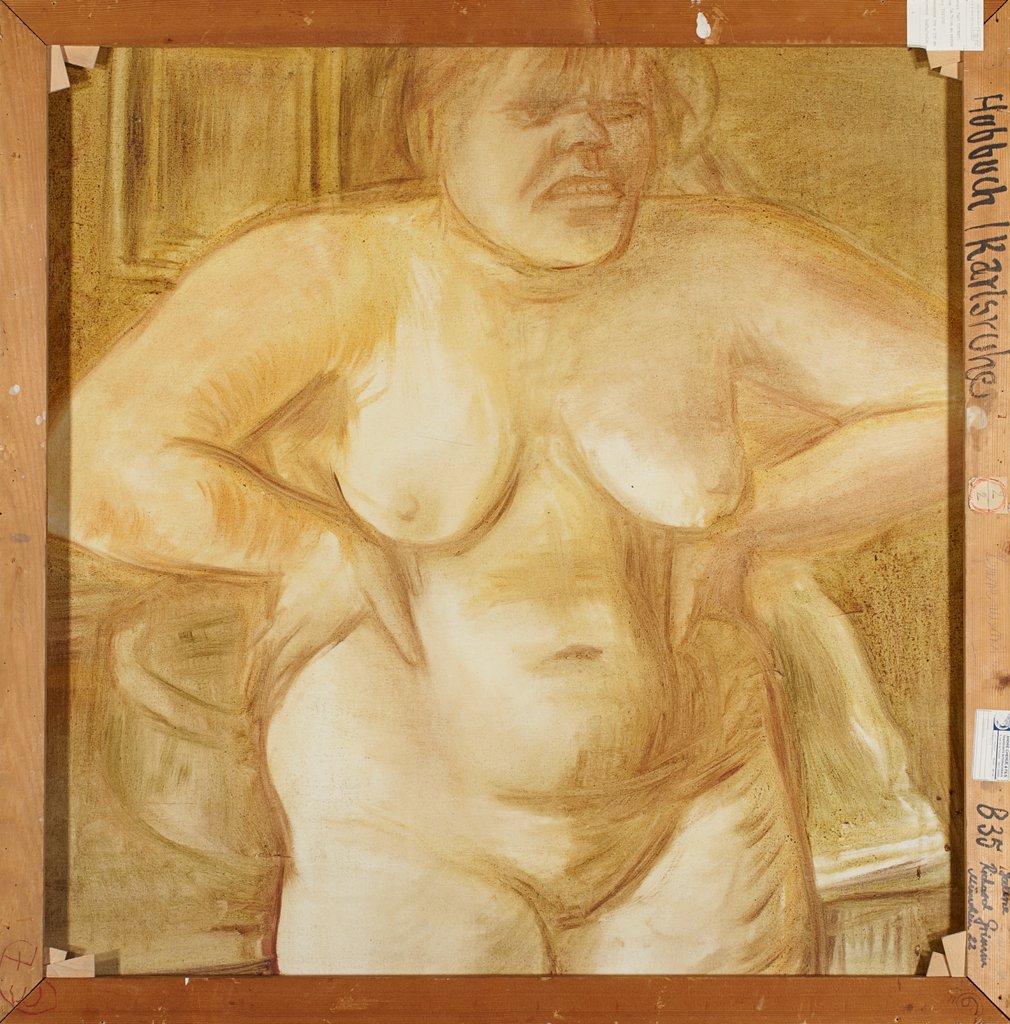 Female nude (half figure) with wash bowl in front of a table, Karl Hubbuch
