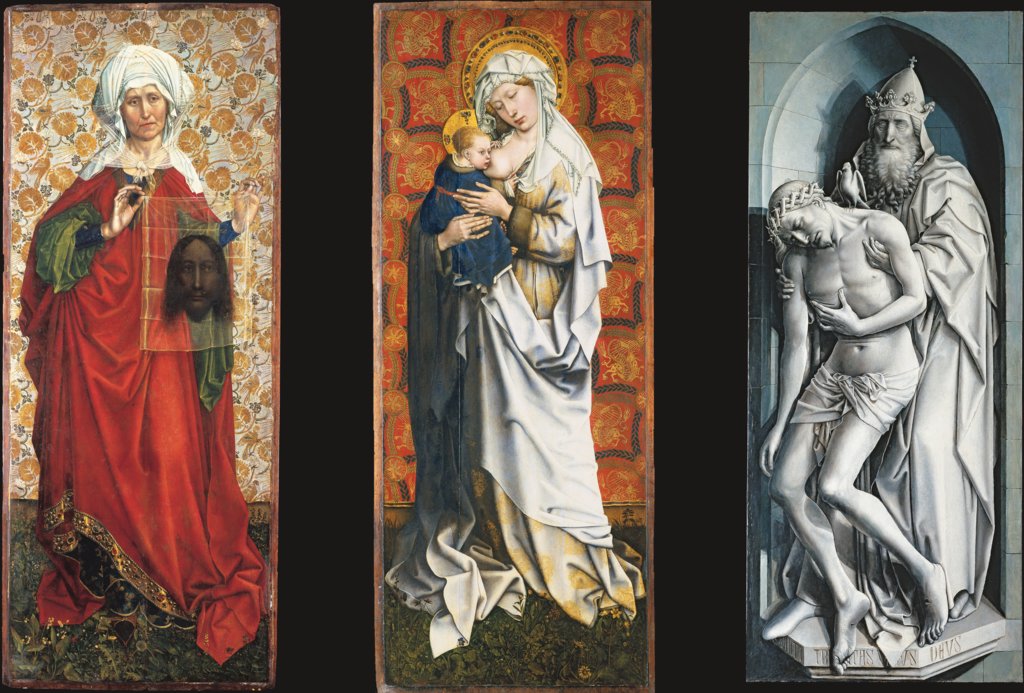 The Flémalle Panels: St. Veronica with the Veil, Madonna Breastfeeding, The Trinity, Master of Flémalle, Robert Campin;  workshop