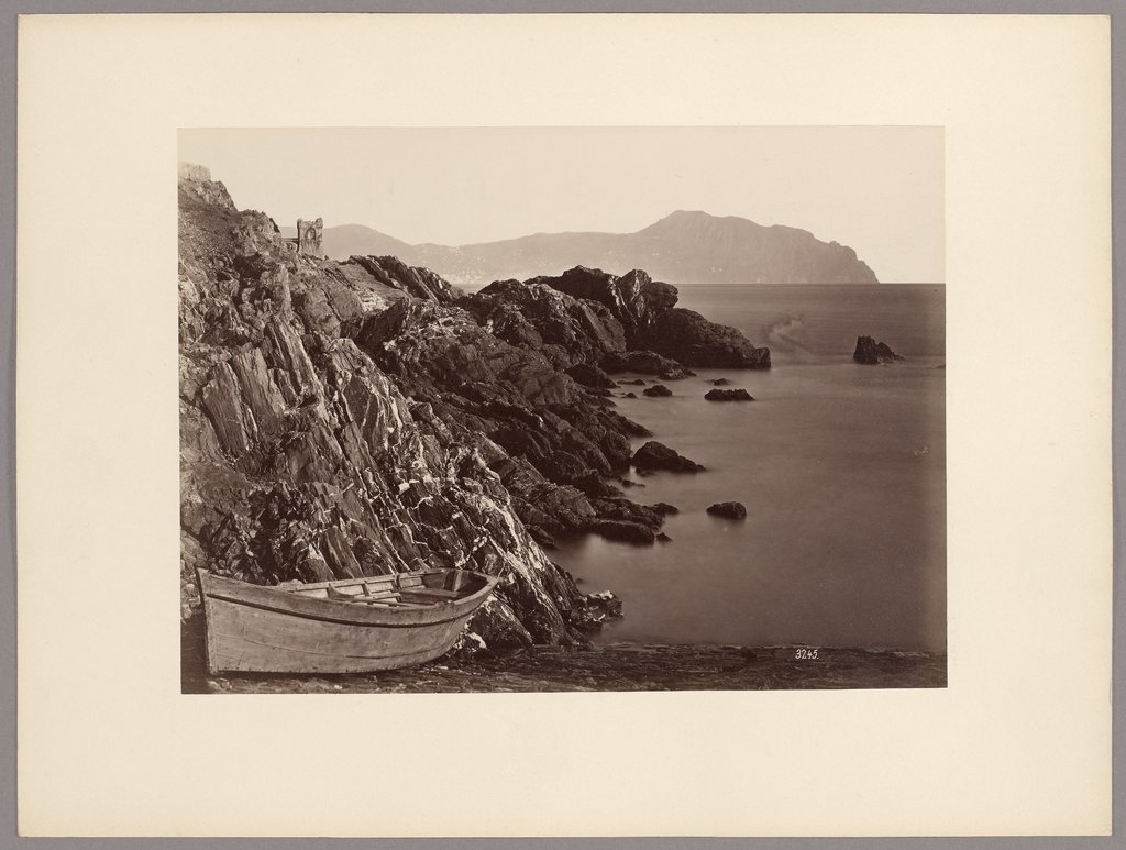 Genoa: Fishing Boat on the Beach of Nervi, View of Torre Gropallo and Monte Fasce, August Alfred Noack