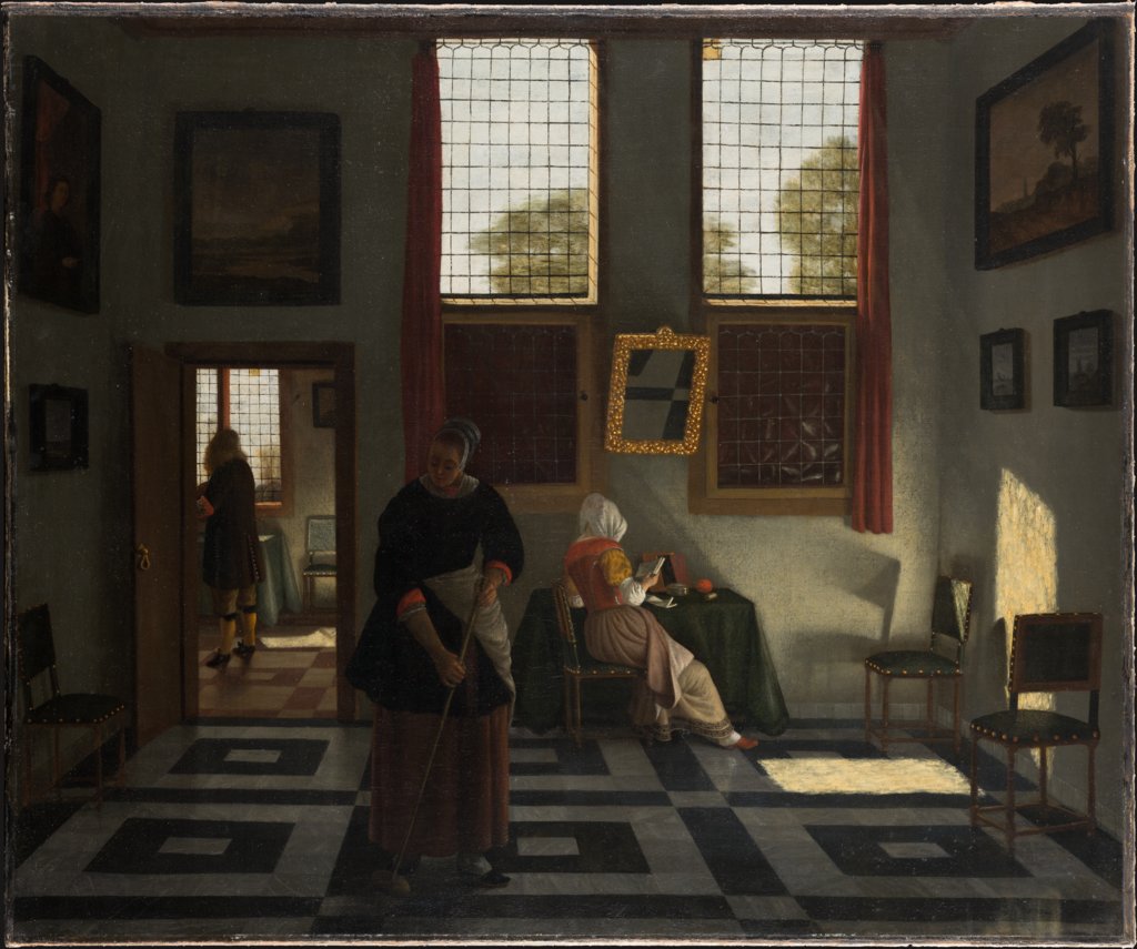 Interior with Painter, Woman Reading and Maid Sweeping, Pieter Janssens