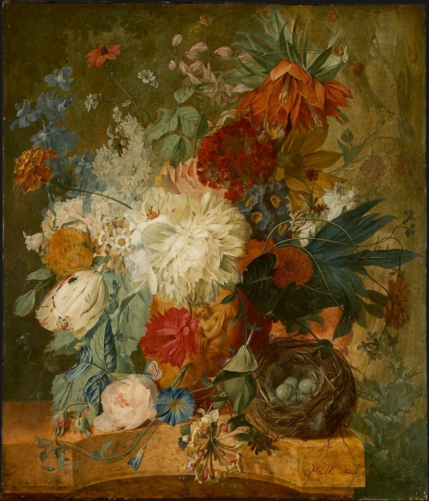 Still Life with Bouquet of Flowers and Bird's Nest, Wybrand Hendriks