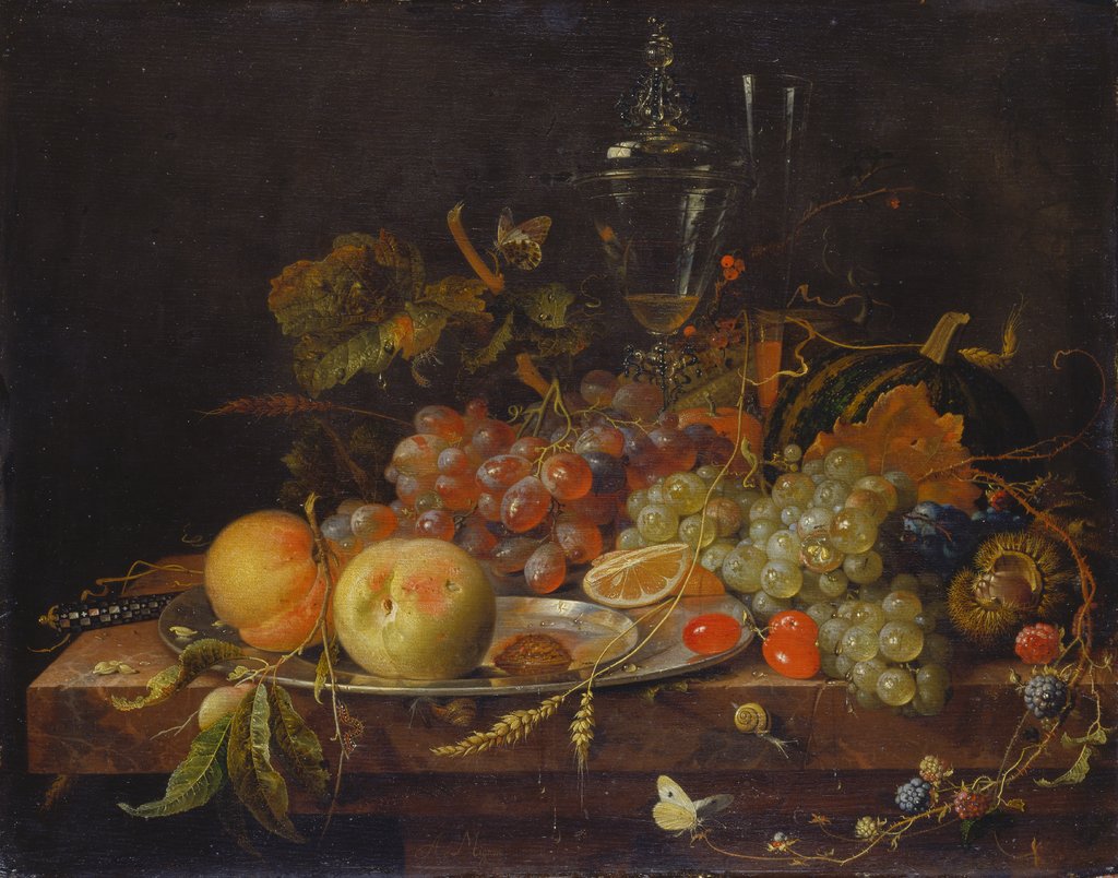 Still Life with Fruit, Tin Plate and Wine Glasses, Abraham Mignon