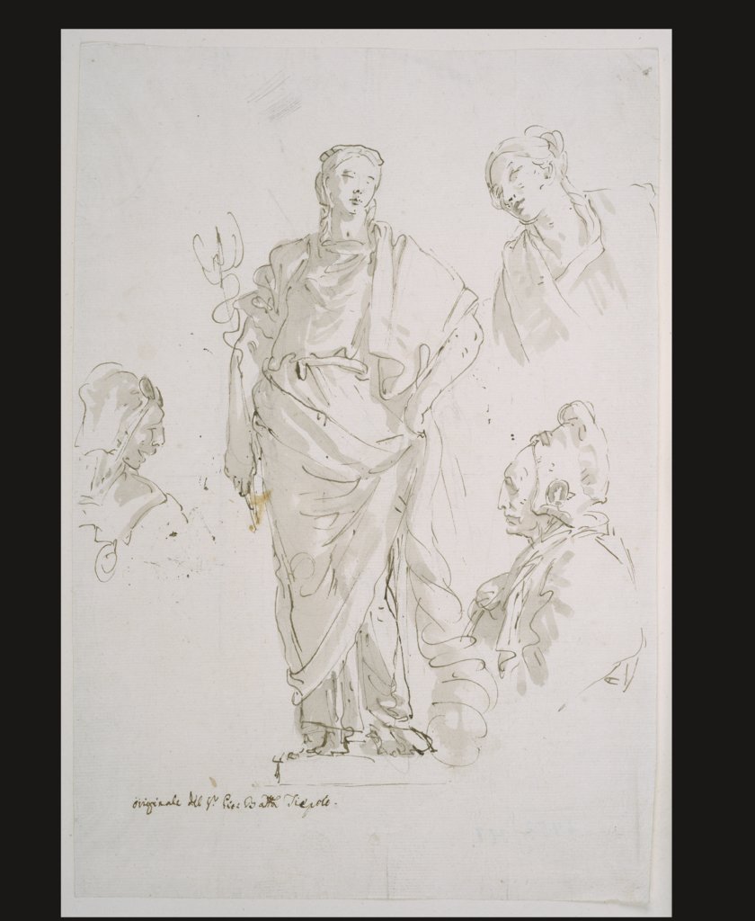 Standing female figure on a pedestal and three studies of heads, Giovanni Battista Tiepolo