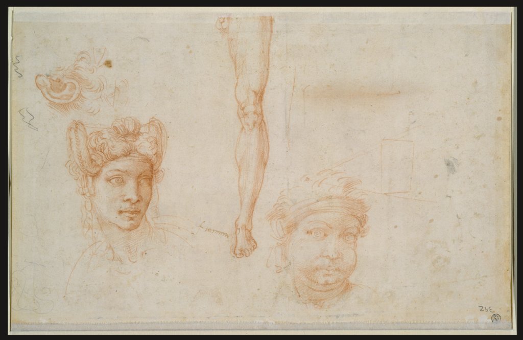 Ear and Two Eyes, Woman’s Head with Plaited Hair, Leg Study, Head with Bandage, Scheme of the Pyramid of Vision, Michelangelo Buonarroti, Michelangelo Buonarroti;  school