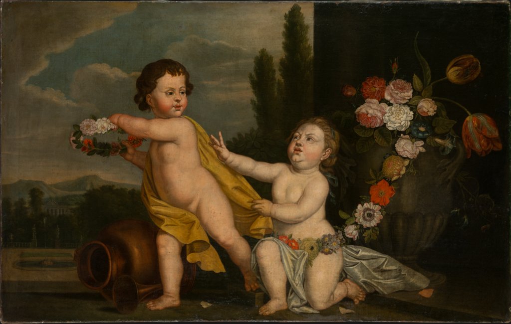 Two Putti with Garlands of Flowers, German Master of the 18th Century