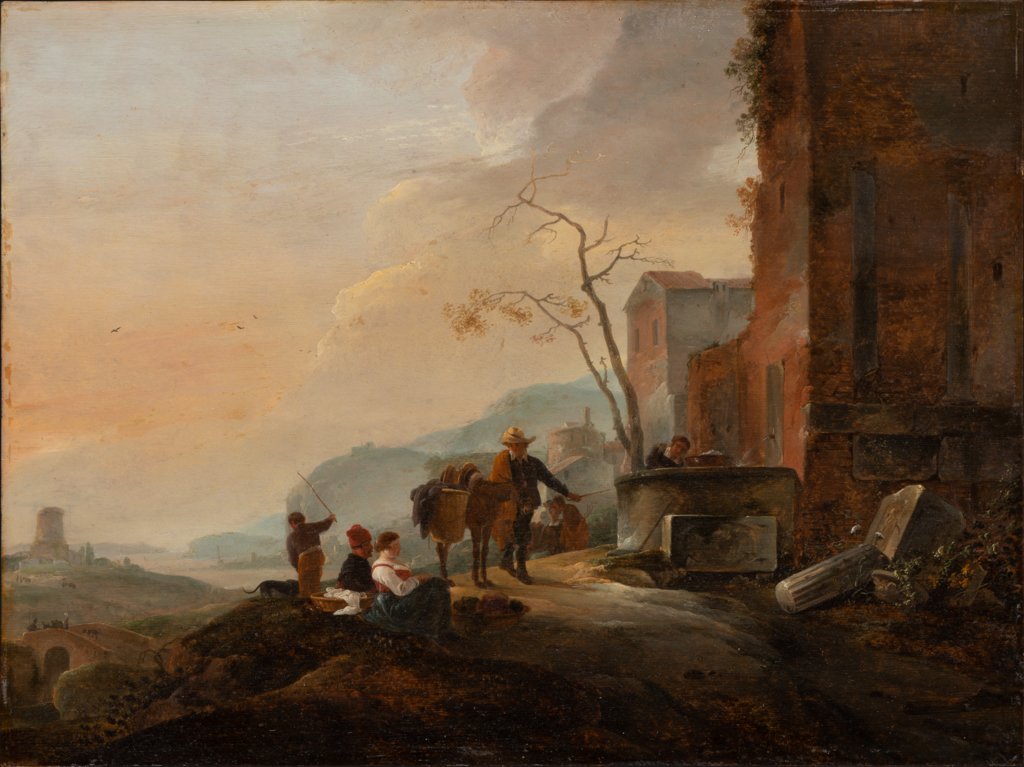 Italian Landscape with Figures at a Fountain among Antique Ruins, Thomas Wijck