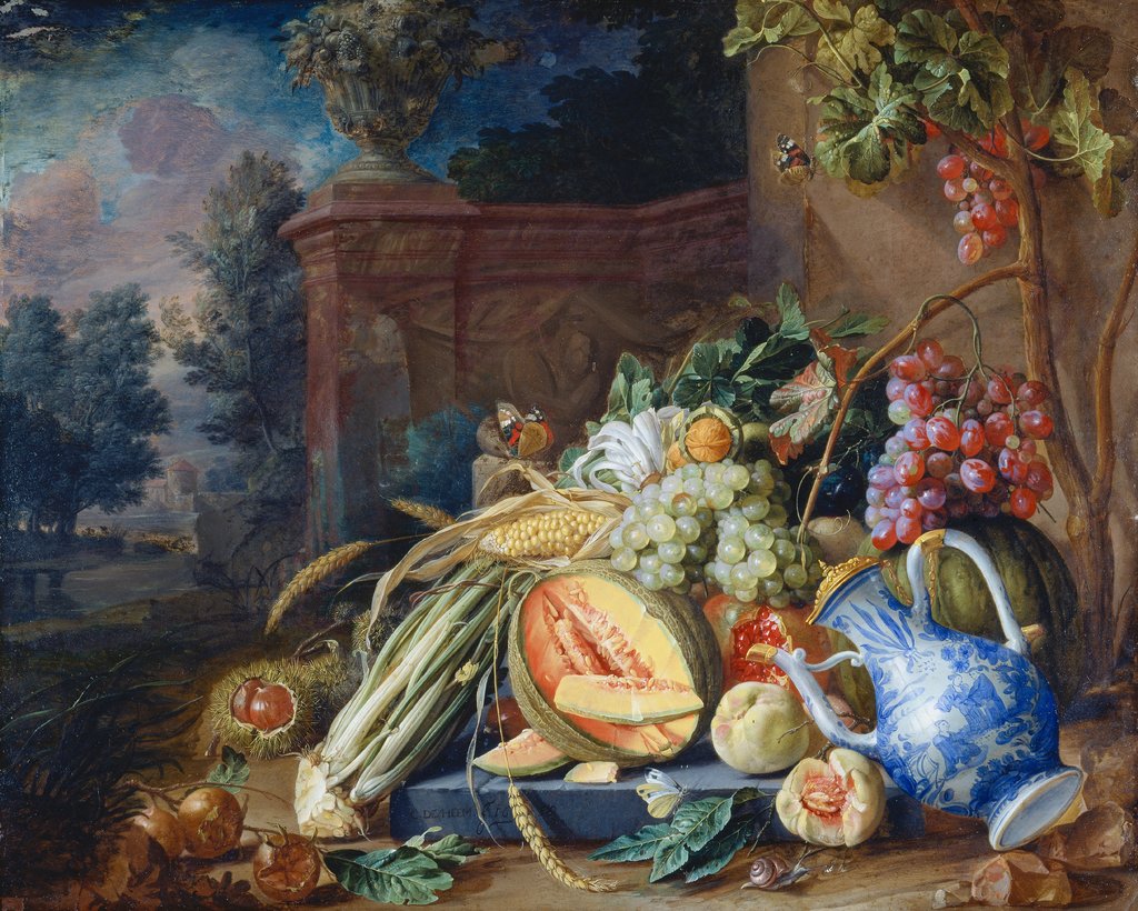 Still Life with Vegetables and Fruit before a Garden Balustrade, Cornelis de Heem